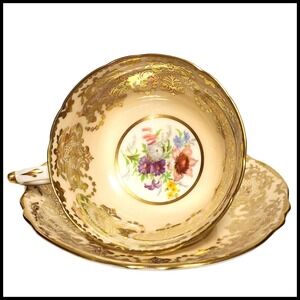 Vintage Paragon Gold‎ Floral Bouquet Filigree Teacup Cup & Saucer England